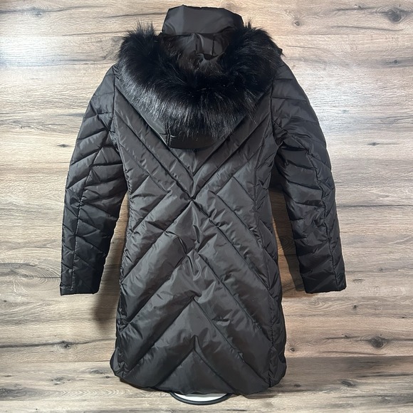 Larry Levine Women's Down-Filled puffer Coat W Faux Fur-Trimmed Hood long Sm-med - Picture 5 of 10